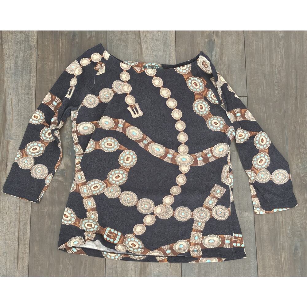 Lauren Ralph Lauren Petite PL Top Brown Chain Print Stretch Long Sleeve Shirt